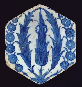 Telha isnik hexagonal com ciprestes e um prunus, 1560-70 (louça de barro com underglaze colorido) de Turkish School