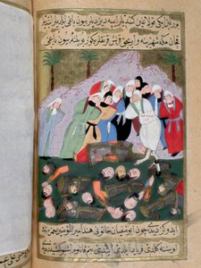 Hind, esposa de Abu Sufyan ibn Harb, inimigo de Muhammad, e de outras mulheres Qraichite preparam-se para mutilar os corpos dos muçulmanos que morreram na batalha de Uhud (Ohod) e devorar o fígado de Hanza, tio do profeta Muhammad (Muhammet, Mohammed ou Mu