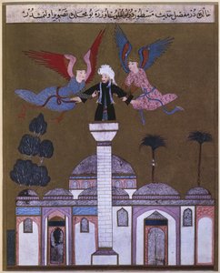 Jesus Cristo levado por dois anjos do minarete da mesquita em Damasco, de Zubdet ut Tevarih por Lokman, 1583