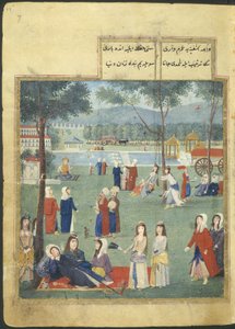 Ou. 7094 f.7, The Gardens of the Kagithane (The Sweet Waters of Europe), Women in a park (aguarela sobre papel) de Turkish School