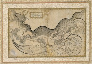 Desenho de um dragão em meio à folhagem no estilo &39;Saz&39;, c.1540-50 (tinta, aquarela opaca e ouro sobre papel) de Turkish School