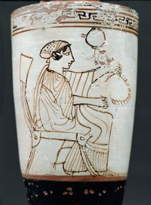 Lekythos de chão branco sótão que descreve uma mulher que entalha uma coroa de flores, c.475-420 BC (cerâmica) de Tymbos Painter