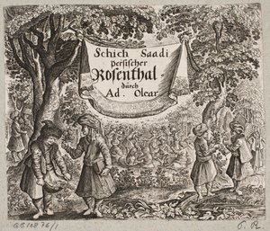 Frontispício til Adam Olearius, “Persian Rosenthal por um engenhoso poeta Schich Saadi […]”, Schleswig 1660 de Ubekendt