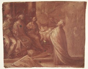Jesus entrega uma mitra a uma mulher em um trono cercada por duas mulheres (alegoria) de Ubekendt