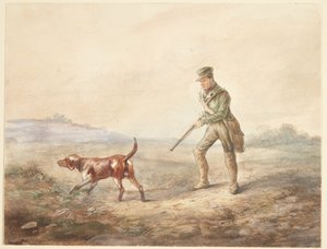 Paisagem com um caçador e seu cachorro de Ubekendt