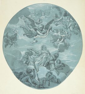 Uma santa nas nuvens, cercada por putti, acima de seus filhos angelicais e um anjo segurando um pergaminho com a inscrição: Beati pauperes spiritu de Ubekendt Ubekendt