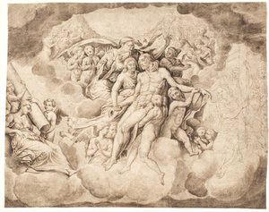 Deus Pai e as hostes celestiais lamentando sobre o corpo de Cristo de Ubekendt Ubekendt