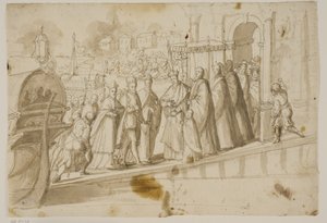 O rei Henrique III, o doge Alvise Mocenigo e o cardeal San Sisto foram recebidos pelo patriarca veneziano Giovanni Trevisan no Lido em Veneza de Ubekendt Ubekendt