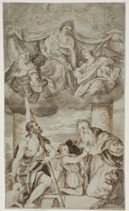 A Virgem e o Menino entre os anjos nas nuvens com São João Batista e São Jerônimo, após a pintura de Paolo Veronese anteriormente em S. Francesco della Vigna, Veneza de Ubekendt Ubekendt