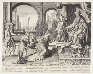 Ester diante de Assuero, convidando-o para um banquete de Ubekendt efter Philips Galle efter forlæg af Maarten van Heemskerck