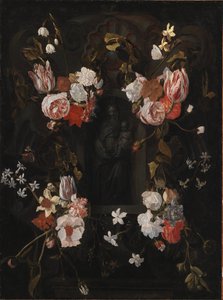 Uma cartela de pedra com a Virgem Maria e o Menino Jesus em um nicho cercado por uma guirlanda de flores de Ubekendt flamsk 1600 tallet