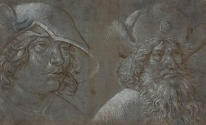 Duas cabeças masculinas em perfil a três quartos à direita, ambos com chapéus marcantes. de Ubekendt tysk nederlandsk ca. 1500