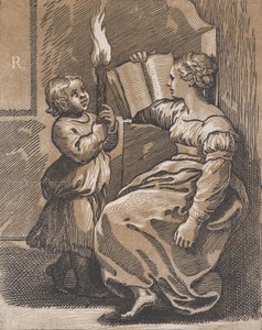 Uma Sibila lendo um livro voltado para a esquerda, depois de 1518. de Ugo da Carpi