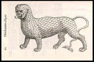 Monster Creature: um leão coberto com escamas de peixe (ou peixe leão). Gravura de Ulisse Aldrovandi (1522-1605), "Monstrorum Historiae", Bolonha 1642