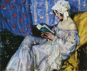 Uma menina lendo em um interior