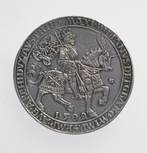 Kronungsdoppelguildiner (duplo-guildener) do Imperador Maximiliano I (1493-1519), Antuérpia Mint, reedição de uma moeda de 1509, 1517 (anverso) (prata) (para reverso ver 168075)