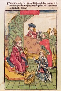 O imperador Sigismundo (1367-1437) de Luxemburgo recebe a homenagem de seus súditos húngaros, 1483 (xilogravura colorida) (ver também 316982)