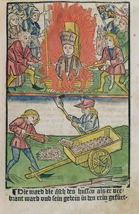 Jan Hus, queimado na fogueira do Concílio de Constança, de "História do Concílio de Constança", publicado em 1483