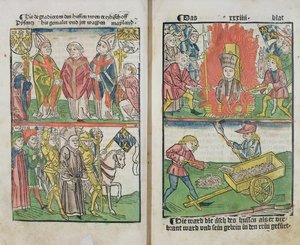 Jan Hus, queimado na fogueira do Concílio de Constança, de "História do Concílio de Constança", publicado em 1483