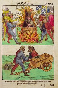 A execução de Jan Hus ou um de seus sacerdotes no Conselho de Constança, de &39;Chronik des Konzils von Konstanz&39;