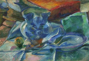 Ainda vida de faiança, talheres e frutas, 1915
