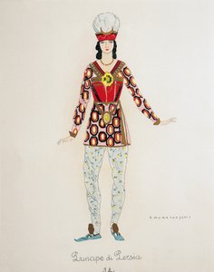 Traje para o Príncipe da Pérsia de Turandot de Giacomo Puccini, esboço de Umberto Brunelleschi (1879-1949) para a primeira apresentação da ópera no Teatro alla Scala em Milão, 25 de abril