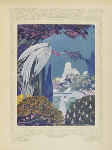 Contudo, o belo Bluebird nunca deixou de pairar à volta do palácio, ilustração de "Contes du Temps Jadis", ou "Tales from Times Past", p.32 de Umberto Brunelleschi