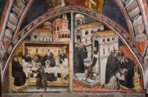 Episódios da vida de São Bento de Nursie: "À esquerda o ataque dos monges de Vicovaro que procuram envenenar São Benoit, este quebra milagrosamente a taça que contém o veneno, à direita São Benoit guerreiros um monge com acedie" Fresco o