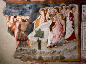 O voo dos apóstolos. O detalhe. Fresco da escola da Umbria do século XV. Igreja Superior. Mosteiro de São Benedetto (Sacro Speco), Subiaco (Roma), Itália.