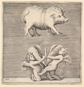 Um porco com cinto e dois cupidos ou gênios com uma borboleta ou mariposa, publicado ca. 1599-1622. de Unbekannt