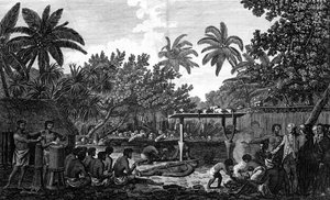 Um sacrifício humano em um Morai, em Otaheite, na presença do capitão Cook, c1773 de Unbekannt