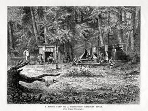 Um campo de mineração em um rio no noroeste da América, 1877 de Unbekannt