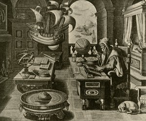 Um especialista em navegação no trabalho em seu estudo com a Globe and Compass, c1591, 1928. de Unbekannt
