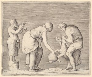 Uma mulher coletando sangue de uma ovelha, publicada ca. 1599-1622. de Unbekannt