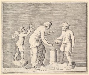 Uma mulher e um homem sacrificando na presença de Cupido, publicado ca. 1599-1622. de Unbekannt