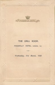 Um menu para o The Grill Room do Piccadilly Hotel, Londres, 1920 de Unbekannt