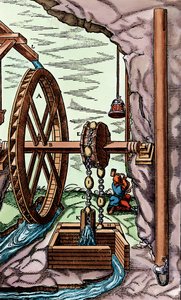 Uma mina sendo drenada por uma bomba de pano e corrente, acionada por uma roda d&39;água ultrapassada, 1556 de Unbekannt