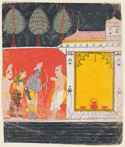 Uma página de um Ramayana: Uma cena noturna de Rama, Lakshman e Sita antes do rishi ..., c. 1650 de Unbekannt