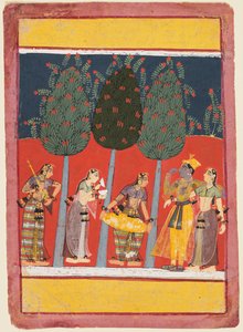 Uma página de uma série Rasikapriya: Krishna e Radha e os Sakhis com instrumentos musicais, c. 1650 de Unbekannt