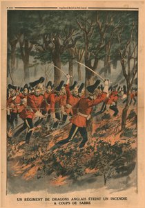 Um regimento de dragões ingleses apaga um incêndio com golpes de sabre, 1914. de Unbekannt