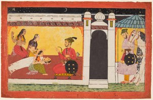 Uma mulher desmaia diante de um príncipe, uma cena noturna de uma série Madhavanala Kamakandala, c. 1700 de Unbekannt