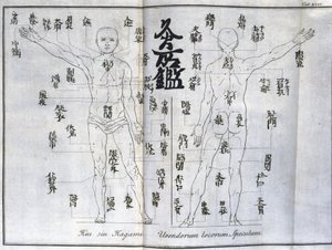 Acupunctura: mapa do corpo humano mostrando pontos de moxabustão, Japão (Gráfico relativo à moxa, c 1690) de Unbekannt