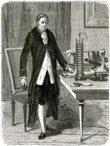 Alessandro Volta, físico italiano, demonstrando sua bateria elétrica, c1800 c1870 de Unbekannt