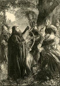 Alfred, o Grande, disfarçado de harpista, tocando antes de Guthrum, 878, 1890. de Unbekannt