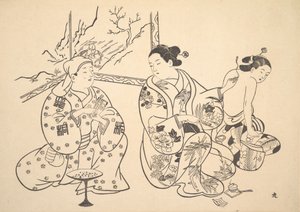 Um Oiran sentado em uma sala de estar aplica o tratamento de fogo nas costas nuas de outra mulher. de Unbekannt