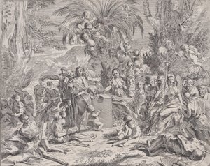 Uma alegoria da pintura, que quando criança no centro-esquerda desenha em uma tabuinha, surrou..., 1650-1700. de Unbekannt