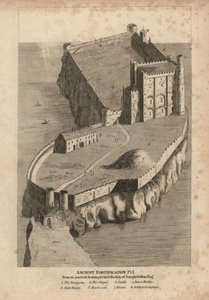 Fortificação antiga: masmorra 1, capela 2, estábulo 3, baile interior 4, baile exterior 5, barbacão 6, monte 7 e alojamentos de soldados 8 de Unbekannt