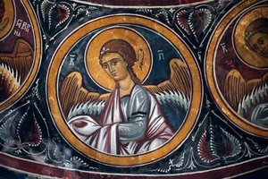 Angel Medallion around Christ and the Last Judgement Detail of the Byzantin fresco da abóbada de Narthex da igreja de Asinou Last judgement scene 14th century (1332) UNESCO, património cultural mundial região de Troodos, Chipre de Unbekannt