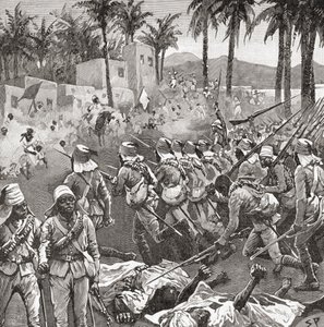 Tropas anglo-egípticas invadem a aldeia de Ferkeh na Batalha de Ferkeh ou Firket, a 7 de Junho de 1896, durante a Guerra de Mahdist. de Unbekannt