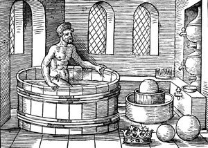 Arquimedes c287-212 aC, matemático e inventor da Grécia Antiga, em seu banho de Unbekannt